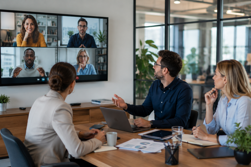 Führungskraft im Videocall mit verteiltem Team, daneben Kollegen im Büro am gemeinsamen Tisch