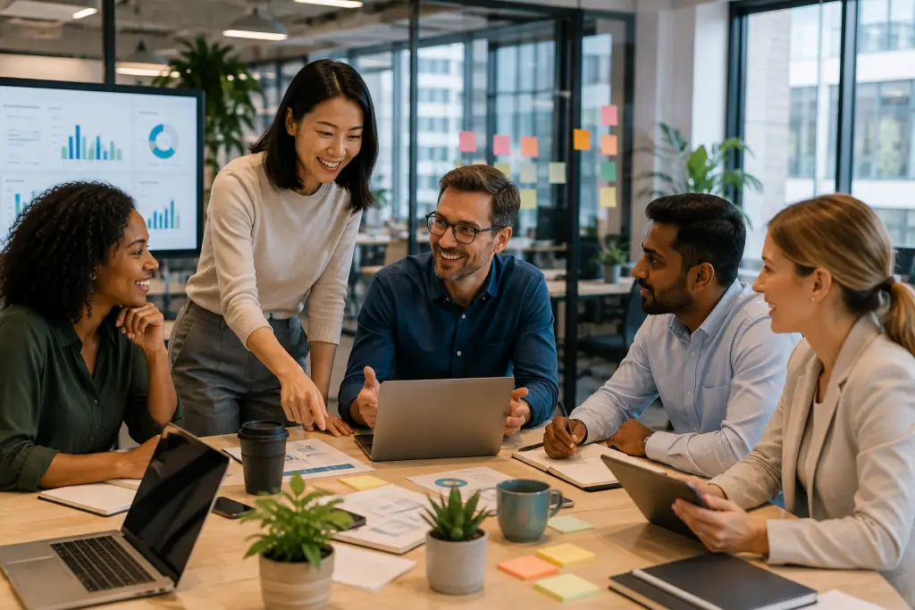 Diverses Team arbeitet in einem modernen, technologisch integrierten Büroumfeld zusammen